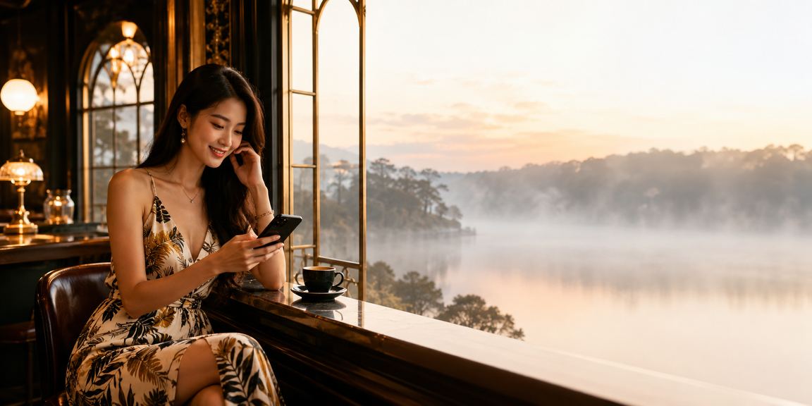 Người dùng tại Đà Lạt xem kèo và cá cược trực tuyến qua điện thoại trong quán cafe